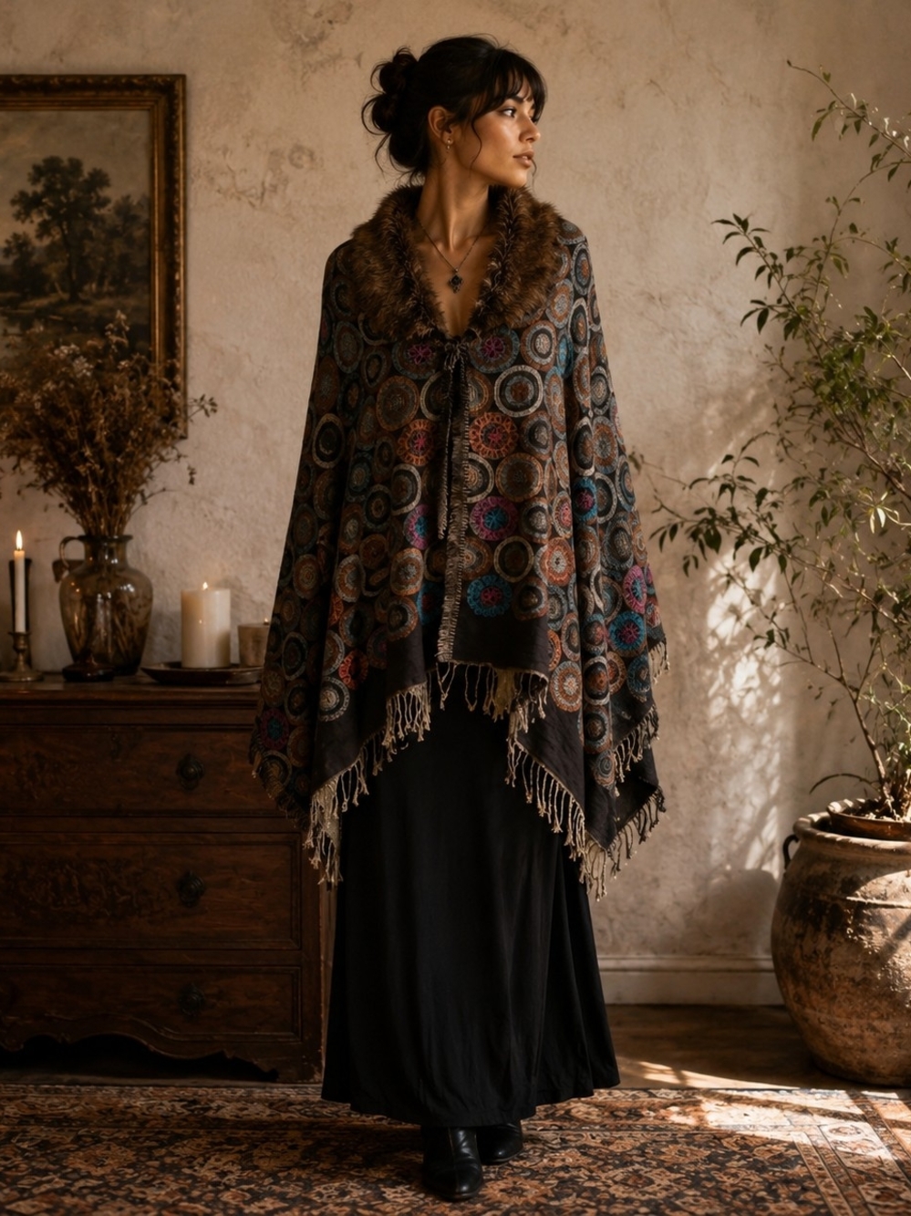 Vintage Y2K Black Polka Dot Cape Brown Fringe Faux Fur Boho Whimsigoth One Size
